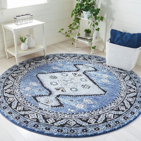 Flowers First 6 ft.-7 in. x 6 ft.-7 in. Vintage Hamadan Traditional Round Power Loomed Rug; Blue & Grey FL2149394